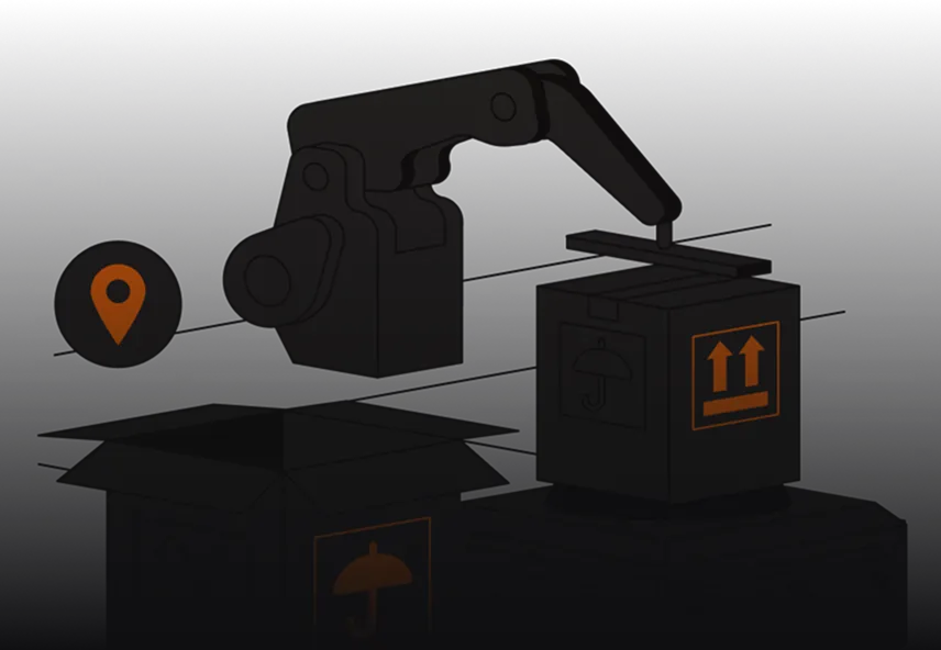 Illustration of a robotic arm placing a lid on a cardboard box marked with fragile and this side up symbols, next to an open box and a location pin icon.